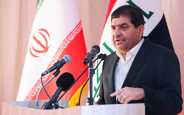 A handout picture provided by the Iranian Vice President's Media Office shows Vice President Mohammad Mokhber speaking at the ceremony to lay the foundation stone for the railway connection project at the Shalamcheh border crossing in Iraq's southern province of Basra Governorate on September 2, 2023.(Photo by Iranian Vice-Presidency / AFP)