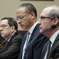From left to right: Northwestern University President Michael Schill, Rutgers University President Jonathan Holloway and Frederick Lawrence testify at a hearing called "Calling for Accountability: Stopping Antisemitic College Chaos" at the House Committee on Education and the Workforce, on Capitol Hill in Washington, May 23, 2024. (Michael A. McCoy/Getty Images/AFP)