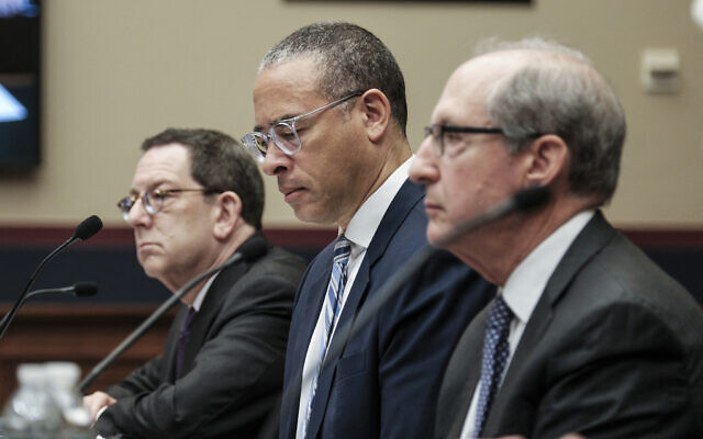From left to right: Northwestern University President Michael Schill, Rutgers University President Jonathan Holloway and Frederick Lawrence testify at a hearing called "Calling for Accountability: Stopping Antisemitic College Chaos" at the House Committee on Education and the Workforce, on Capitol Hill in Washington, May 23, 2024. (Michael A. McCoy/Getty Images/AFP)