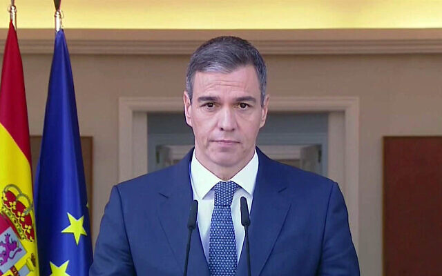 Spanish Prime Minister Pedro Sanchez delivering a televised speech over his country's recognition of Palestinian statehood, at La Moncloa Palace in Madrid, May 28, 2024. (POOL MONCLOA/AFP)