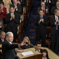 Prime Minister Benjamin Netanyahu speaks against the US-led international nuclear deal with Iran in 2015 before a joint meeting of Congress on Capitol Hill in Washington, March 3, 2015. (AP Photo/J. Scott Applewhite, File)
