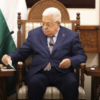 Palestinian Authority President Mahmoud Abbas meets with Spain's Prime Minister Pedro Sanchez and Belgium's Prime Minister Alexander De Croo in Ramallah, West Bank, November 23, 2023. (Alaa Badarneh/ Pool via AP)