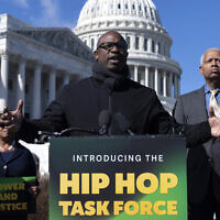 Rep. Jamaal Bowman Democrat-New York speaks during a news conference on the creation of the Congressional Hip Hop Task Force on Capitol Hill in Washington, February 14, 2024. (Jose Luis Magana/AP)