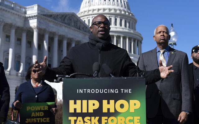 Rep. Jamaal Bowman Democrat-New York speaks during a news conference on the creation of the Congressional Hip Hop Task Force on Capitol Hill in Washington, February 14, 2024. (Jose Luis Magana/AP)