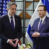 US Secretary of State Antony Blinken (left) meets with President Isaac Herzog in Tel Aviv, May 1, 2024. (Evelyn Hockstein/Pool Photo via AP)
