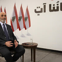 Samir Geagea, leader of the Christian Lebanese Forces party, speaks during an interview with the Associated Press, in Maarab east of Beirut, Tuesday, April 30, 2024. (AP Photo/Hussein Malla)