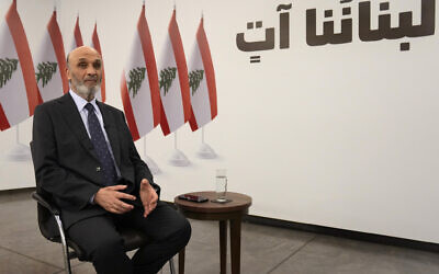 Samir Geagea, leader of the Christian Lebanese Forces party, speaks during an interview with the Associated Press, in Maarab east of Beirut, Tuesday, April 30, 2024. (AP Photo/Hussein Malla)