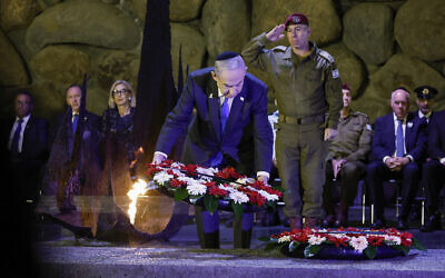 Prime Minister Benjamin Netanyahu attends a wreath-laying ceremony marking Holocaust Remembrance Day, in the Hall of Remembrance at the Yad Vashem Holocaust Memorial Museum in Jerusalem, May 6, 2024. (Amir Cohen/Pool Photo via AP)