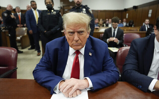 Former US president Donald Trump awaits the start of proceedings in his trial at Manhattan criminal court, May 6, 2024, in New York. (AP Photo/Julia Nikhinson, Pool)