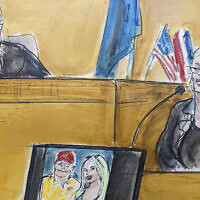 In this courtroom sketch, Stormy Daniels testifies on the witness stand as Judge Juan Merchan looks on in Manhattan criminal court, May 7, 2024, in New York. A photo of Donald Trump and Daniels from their first meeting is displayed on a monitor. (Elizabeth Williams via AP)