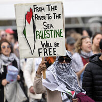 Protesters attend an anti-Israel rally ahead of the second semi-final at the Eurovision Song Contest in Malmo, Sweden, May 9, 2024. (AP Photo/Martin Meissner)