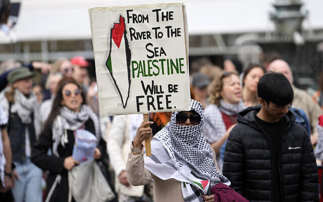 Protesters attend an anti-Israel rally ahead of the second semi-final at the Eurovision Song Contest in Malmo, Sweden, May 9, 2024. (AP Photo/Martin Meissner)