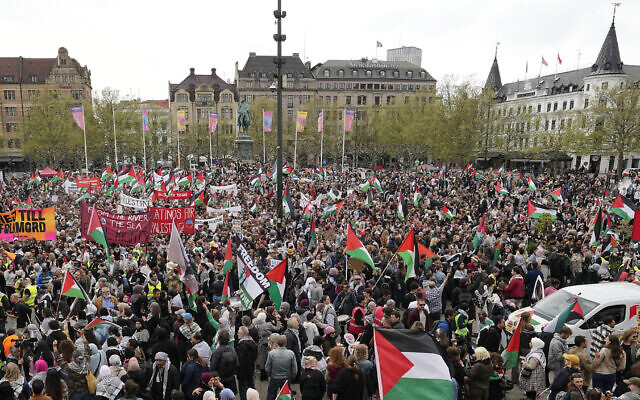 People protest at an anti-Israel rally ahead of the second semifinal at the Eurovision Song Contest in Malmo, Sweden, May 9, 2024. (AP Photo/Martin Meissner)