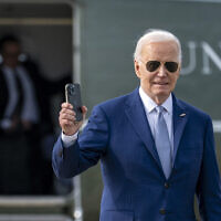 President Joe Biden waves as he walks to board Air Force One, Thursday, May 9, 2024, at Andrews Air Force Base, Maryland. (AP/Alex Brandon)