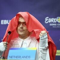 Joost Klein representing the Netherlands gestures, during a press conference after the second semifinal of the Eurovision Song Contest, at the Malmo Arena, in Malmo, Sweden, May 9, 2024. (Jessica Gow/TT News Agency via AP)