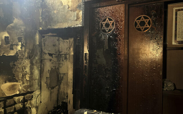 The interior of a synagogue in Rouen, France, that a man is suspected of having set on fire, May 17, 2024. The man was shot dead by French police. (AP Photo)
