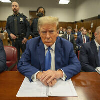 Former President Donald Trump sits in Manhattan criminal court in New York, Monday, May 20, 2024. (Steven Hirsch/New York Post via AP, Pool)