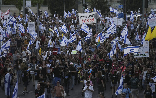 People protest against Israeli Prime Minister Benjamin Netanyahu's government outside the Knesset in Jerusalem on May 20, 2024. (AP Photo/Mahmoud Illean)