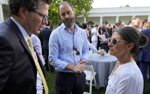 Rachel Goldberg, right, mother of American-Israeli hostage Hersh Goldberg-Polin, attends a Jewish American Heritage Month event, Monday, May 20, 2024, in the Rose Garden of the White House in Washington, with President Joe Biden, with her husband Jon Polin, center. (AP/Jacquelyn Martin)