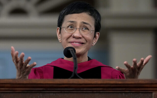 Keynote speaker Maria Ressa, a journalist and advocate for freedom of the press, addresses graduates in Harvard Yard during commencement at Harvard University, May 23, 2024, in Cambridge, Massachusetts (AP Photo/Charles Krupa)