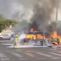 Screen capture from video a burning minibus following an explosion in the vehicle at the Wolfson Interchange, May 27, 2024. (X. Used in accordance with Clause 27a of the Copyright Law)
