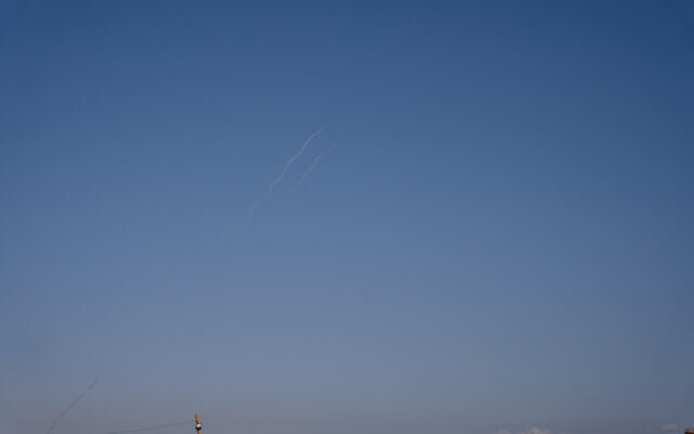 Rockets launched from the Gaza Strip at the southern city of Ashkelon on May 14, 2024. (Emanuel Fabian/Times of Israel)