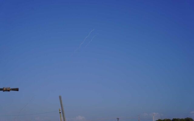 Rockets launched from the Gaza Strip at the southern city of Ashkelon on May 14, 2024. (Emanuel Fabian/Times of Israel)