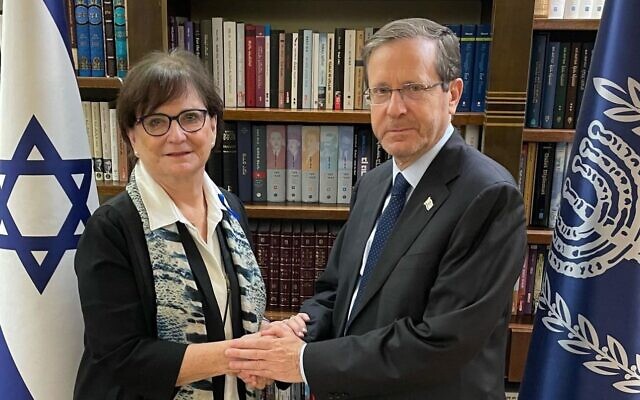Deborah Lyons (left) with Israeli President Isaac Herzog in Jerusalem, December 2023. (Courtesy)