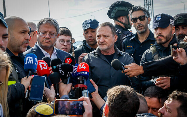National Security Minister Itamar Ben Gvir and Israel Police Commissioner Kobi Shabtai at the scene of a fatal shooting attack in Re'em Junction, on February 16, 2024. (Nati Shohat/Flash90)