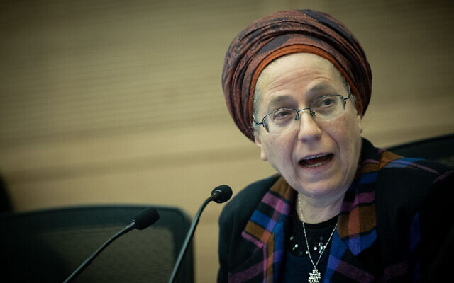 Settlements and National Projects Minister Orit Strock attends a Constitution, Law and Justice Committee meeting at the Knesset, in Jerusalem, on March 18, 2024. (Yonatan Sindel/Flash90)