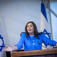 Transportation Minister Miri Regev holds a press conference ahead of Israel's 76th Independence Day Ceremony at Mount Herzl in Jerusalem, on May 8, 2024. (Chaim Goldberg/Flash90)