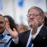 National Security Minister Itamar Ben Gvir at the Israel Police Independence Day ceremony at the National Headquarters of the Israel Police in Jerusalem, May 9, 2024. (Chaim Goldberg/Flash90)