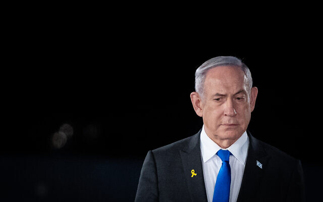 Prime Minister Benjamin Netanyahu attends a Memorial Day ceremony for Israel's fallen soldiers and victims of terror, at the Knesset in Jerusalem, May 12, 2024. (Yonatan Sindel/Flash90)