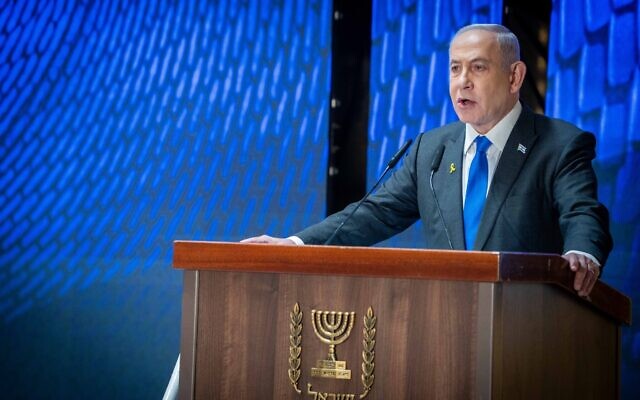 Prime Minister Benjamin Netanyahu at a state memorial ceremony for fallen Israeli soldiers, at the National Hall For Israel's Fallen soldiers at Mount Herzl military cemetery in Jerusalem on Memorial Day, May 13, 2024. (Arie Leib Abrams/Flash90)