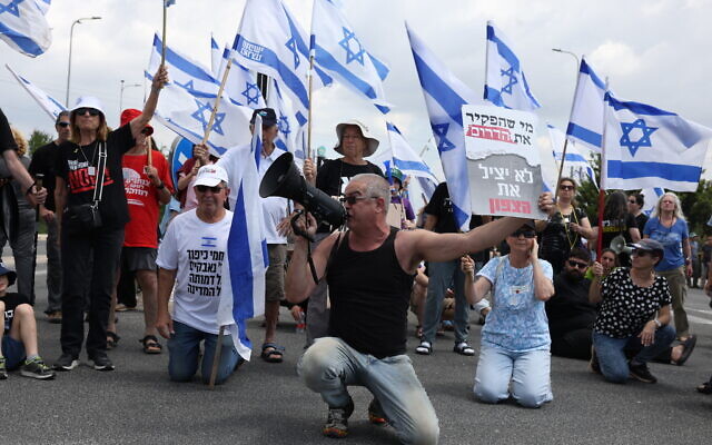 Residents of northern Israeli communities and supporters protest against the government at the Mahanaim Junction, May 14, 2024. (David Cohen/Flash90)