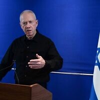 Defense Minister Yoav Gallant delivers a statement to the press at the Kirya base in Tel Aviv, May 15, 2024. (Tomer Neuberg/Flash90)