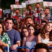 Israelis attend a rally calling for the release of Israelis held hostage by Hamas terrorists in Gaza, at Hostages Square in Tel Aviv on May 18, 2024. (Avshalom Sassoni/Flash90)