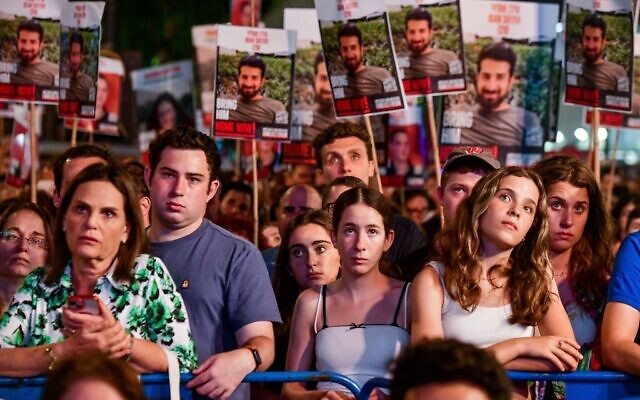 Israelis attend a rally calling for the release of Israelis held hostage by Hamas terrorists in Gaza, at Hostages Square in Tel Aviv on May 18, 2024. (Avshalom Sassoni/Flash90)