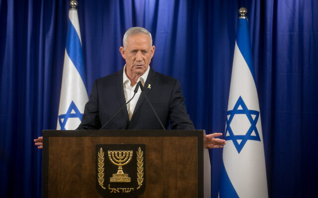 War cabinet minister Benny Gantz holds a press conference in Ramat Gan, May 18, 2024. (Miriam Alster/Flash90)