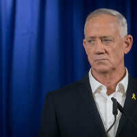 War Cabinet Minister Benny Gantz holds a press conference in Ramat Gan, May 18, 2024. (Miriam Alster/Flash90)