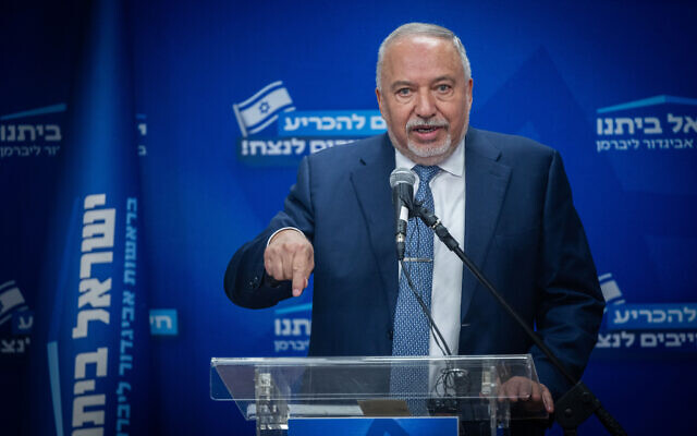 Israel Beytenu party chairman Avigdor Liberman leads a faction meeting at the Knesset in Jerusalem, May 20, 2024. (Yonatan Sindel/Flash90)