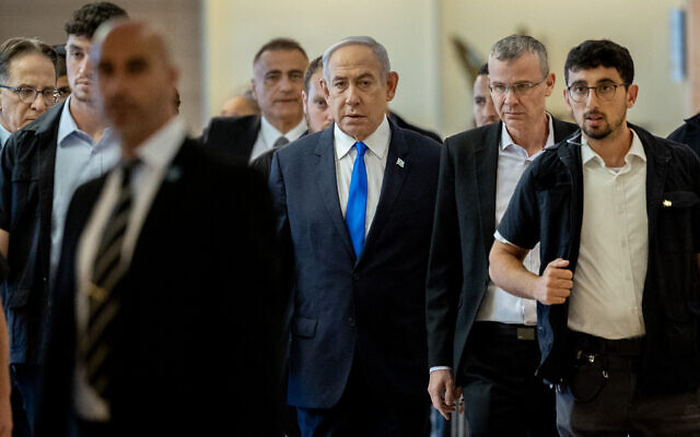 Prime Minister Benjamin Netanyahu arrives in the Knesset for a Likud faction meeting, May 20, 2024. (Yonatan Sindel/Flash90)