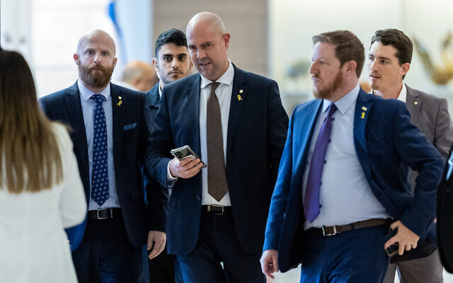 Knesset speaker Amir Ohana arrives to a Likud party meeting at the Knesset, Jerusalem, May 20, 2024. (Yonatan Sindel/ Flash90)