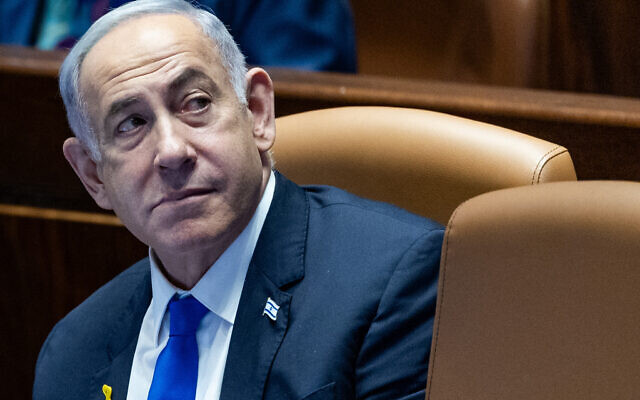 Prime Minister Benjamin Netanyahu at a debate in the Knesset on May 27, 2024 (Yonatan Sindel/Flash90)