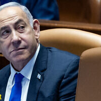 Israeli Prime Minister Benjamin Netanyahu in the Knesset on May 27, 2024. (Yonatan Sindel/Flash90)
