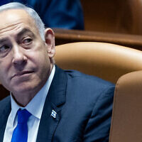 Prime Minister Benjamin Netanyahu in the Knesset on May 27, 2024. (Yonatan Sindel/Flash90)