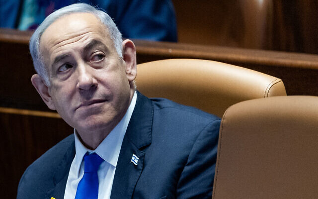 Prime Minister Benjamin Netanyahu in the Knesset on May 27, 2024. (Yonatan Sindel/Flash90)