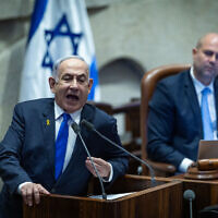 Prime Minister Benjamin Netanyahu speaks at the Knesset on May 27, 2024. (Yonatan Sindel/ Flash90)