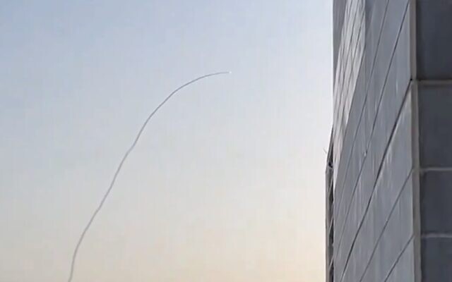 A screenshot from the northern city of Nahariya shows an interceptor missile being fired during a drone attack from Lebanon, May 17, 2024. (Twitter screenshot; used in accordance with Clause 27a of the Copyright Law)