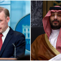 R)White House National Security Adviser Jake Sullivan speaks at a press briefing at the White House in Washington, March 18, 2024. (AP Photo/Andrew Harnik) (L) Saudi Crown Prince and Prime Minister Mohammed bin Salman in Jeddah, Saudi Arabia, March 20, 2024. (Evelyn Hockstein/Pool Photo via AP) (